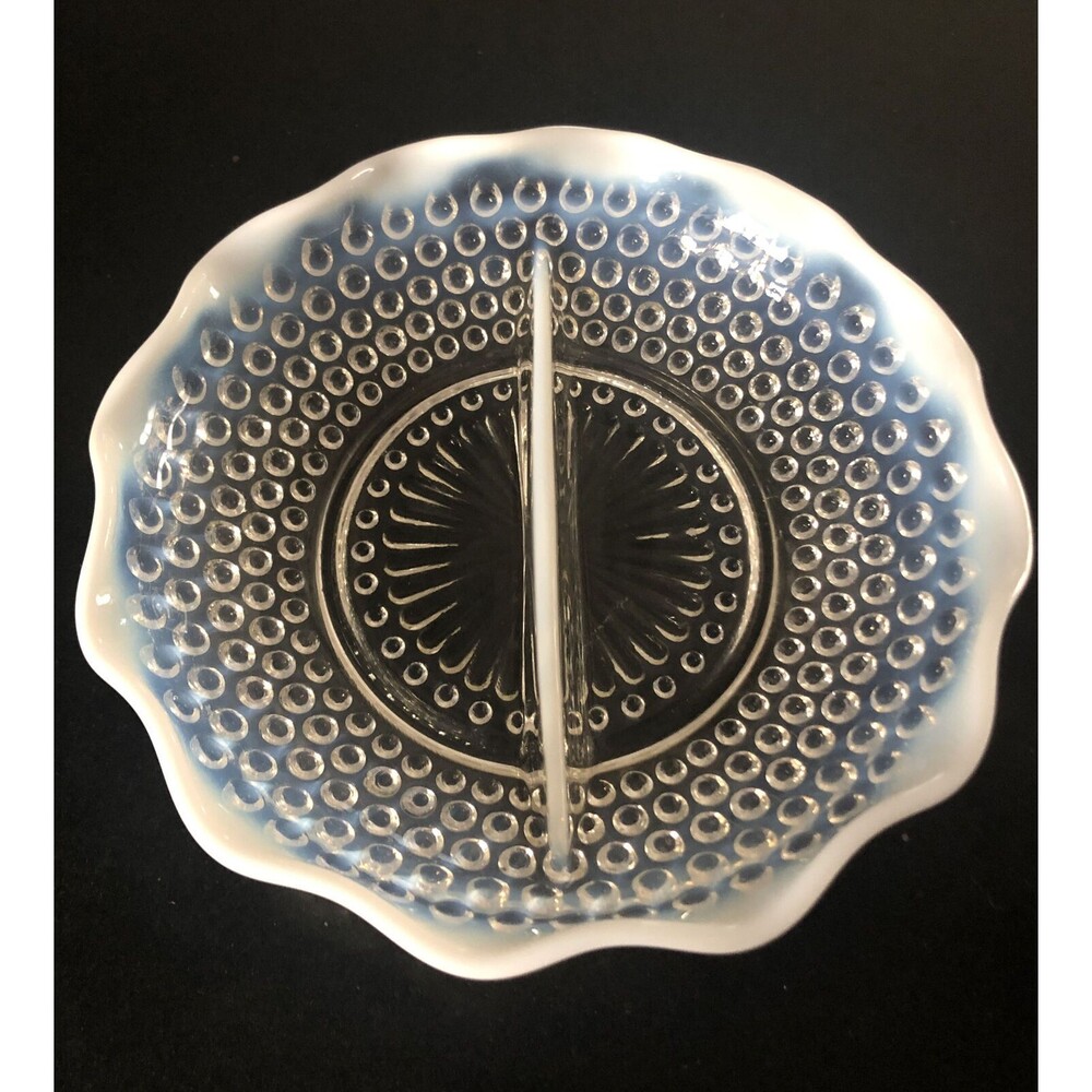 Vintage Fenton White Hobnail Opalescent Glass Divided Moonstone Candy Dish 7.5”